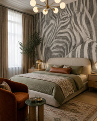 Zebra wallpaper in a designer bedroom.