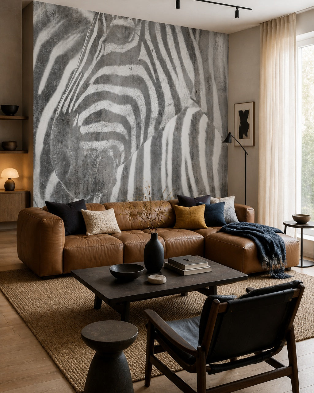Zebra wallpaper in a designer living room.
