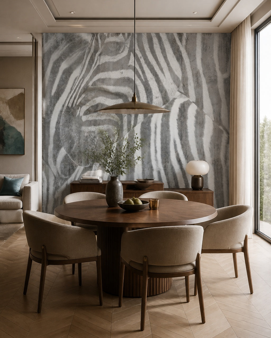 Zebra wallpaper in a refined dining area.