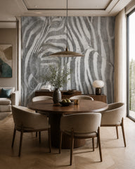 Zebra wallpaper in a refined dining area.