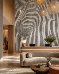 Zebra wallpaper in a boutique hotel lobby.