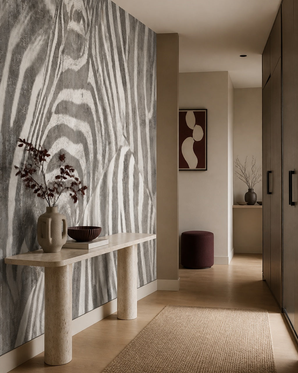 Zebra wallpaper in an architectural hallway.