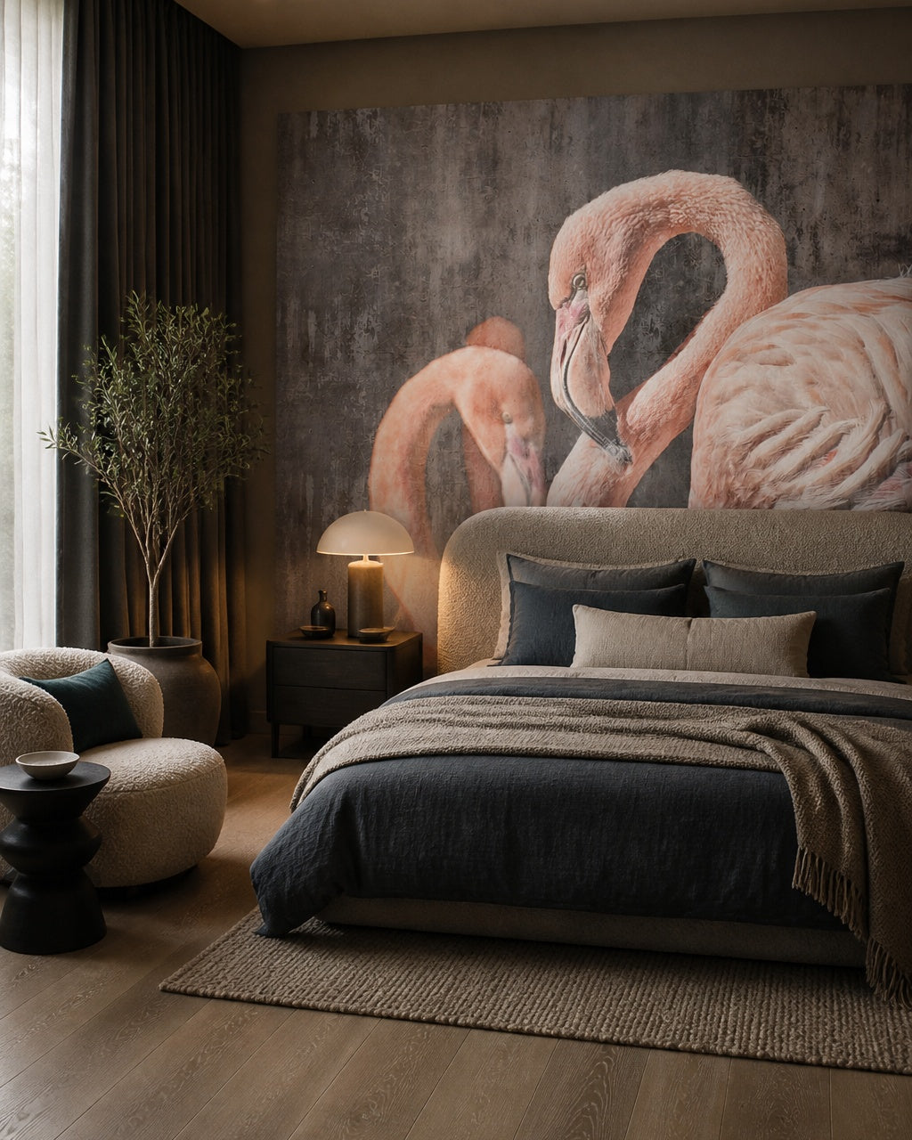 Pink flamingo wallpaper in a designer bedroom.
