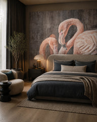 Pink flamingo wallpaper in a designer bedroom.