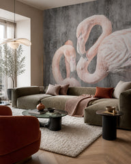 Pink flamingo wallpaper in a designer living room.