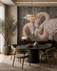 Pink flamingo wallpaper in a refined dining area.