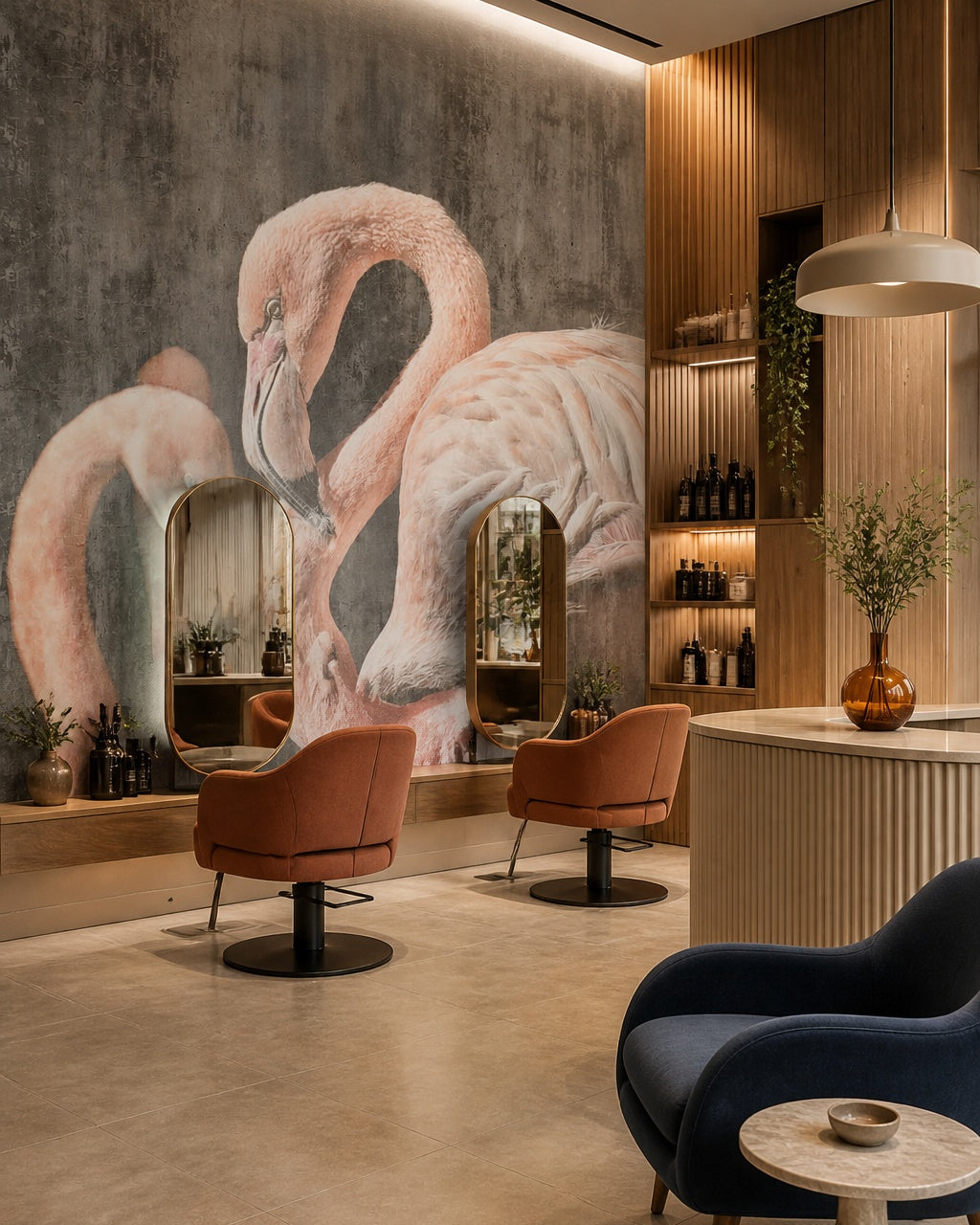 Pink flamingo wallpaper in a beauty salon.