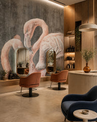 Pink flamingo wallpaper in a beauty salon.