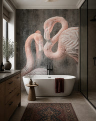 Pink flamingo wallpaper in a luxury bathroom.