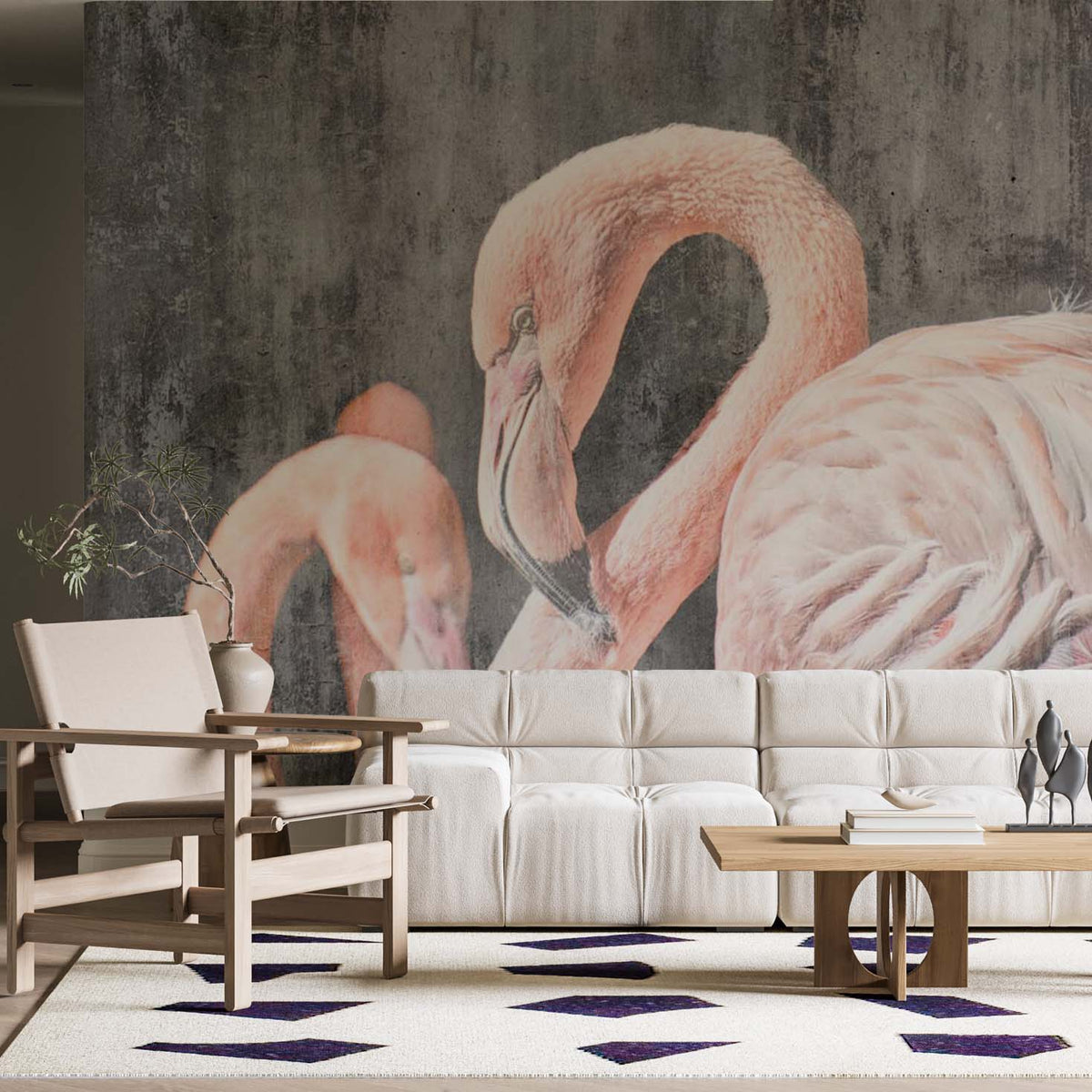 Pink Flamingo Tropical Animals Wall Mural Old Cement Concrete Texture Wallpaper