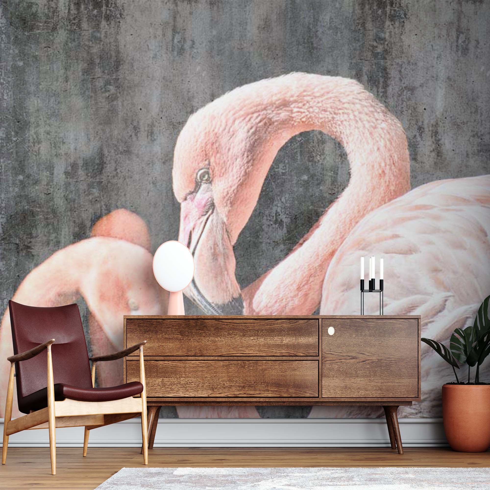 Pink Flamingo Tropical Animals Wall Mural Old Cement Concrete Texture Wallpaper