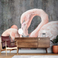 Custom Pink Flamingo Tropical Animals Wall Mural Old Cement Concrete Texture Wallpaper