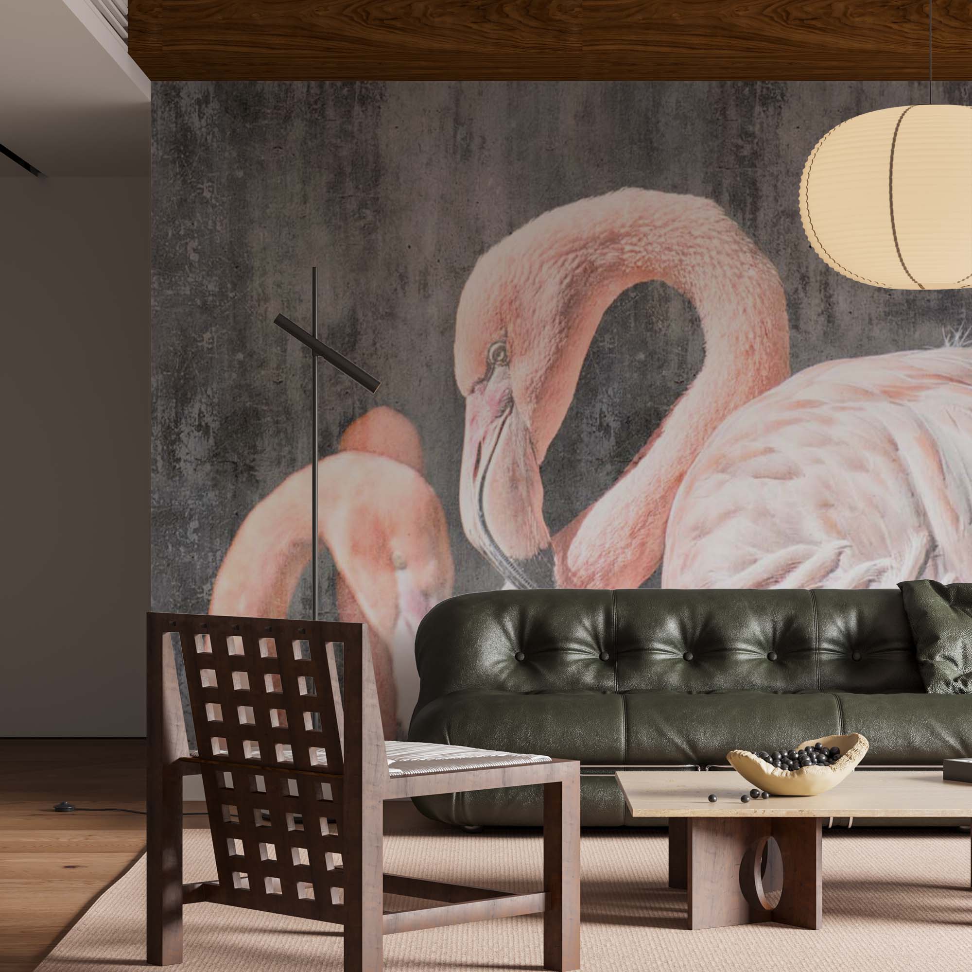 Pink Flamingo Tropical Animals Wall Mural Old Cement Concrete Texture Wallpaper