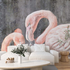 Custom Pink Flamingo Tropical Animals Wall Mural Old Cement Concrete Texture Wallpaper