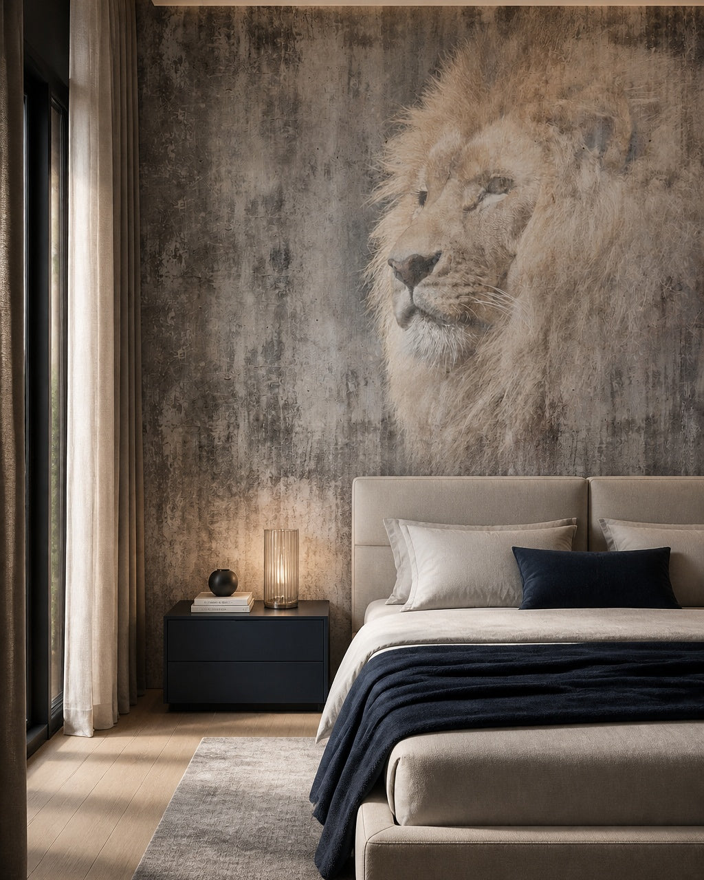 Lion portrait wallpaper in a designer bedroom.