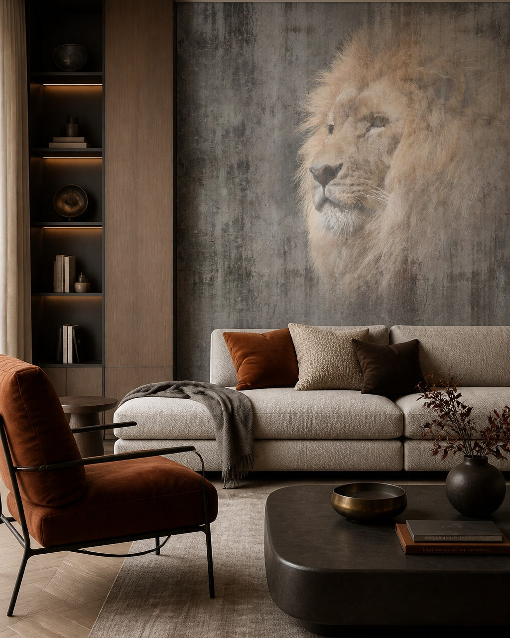 Lion portrait wallpaper in a designer living room.