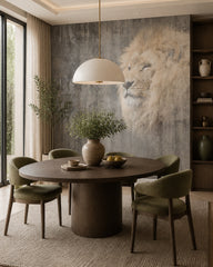Lion portrait wallpaper in a refined dining area.