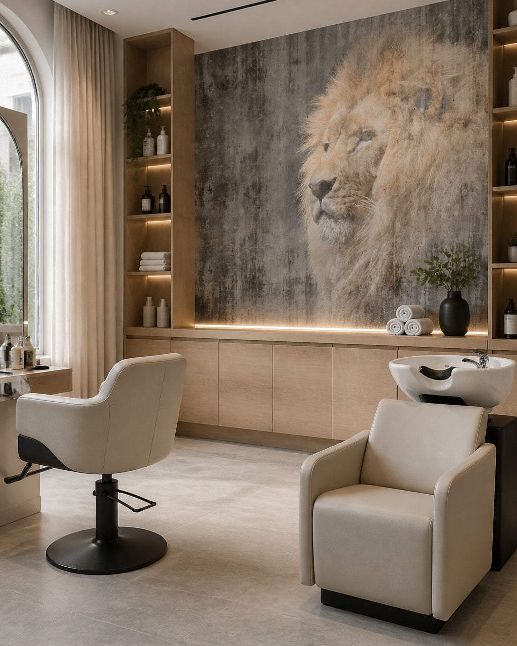 Lion portrait wallpaper in a beauty salon.