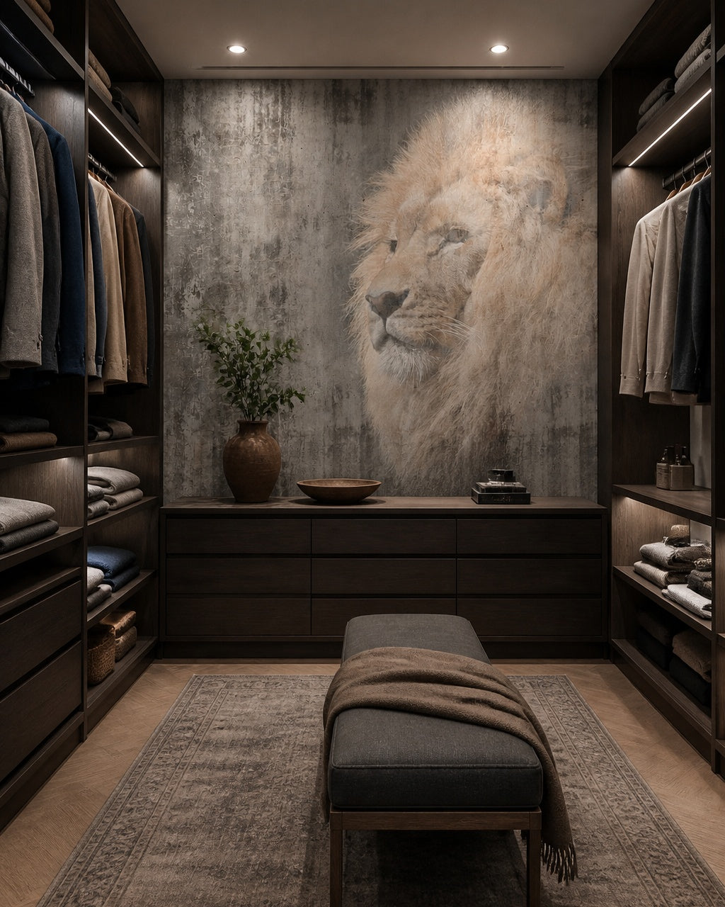 Lion portrait wallpaper in a walk-in wardrobe.