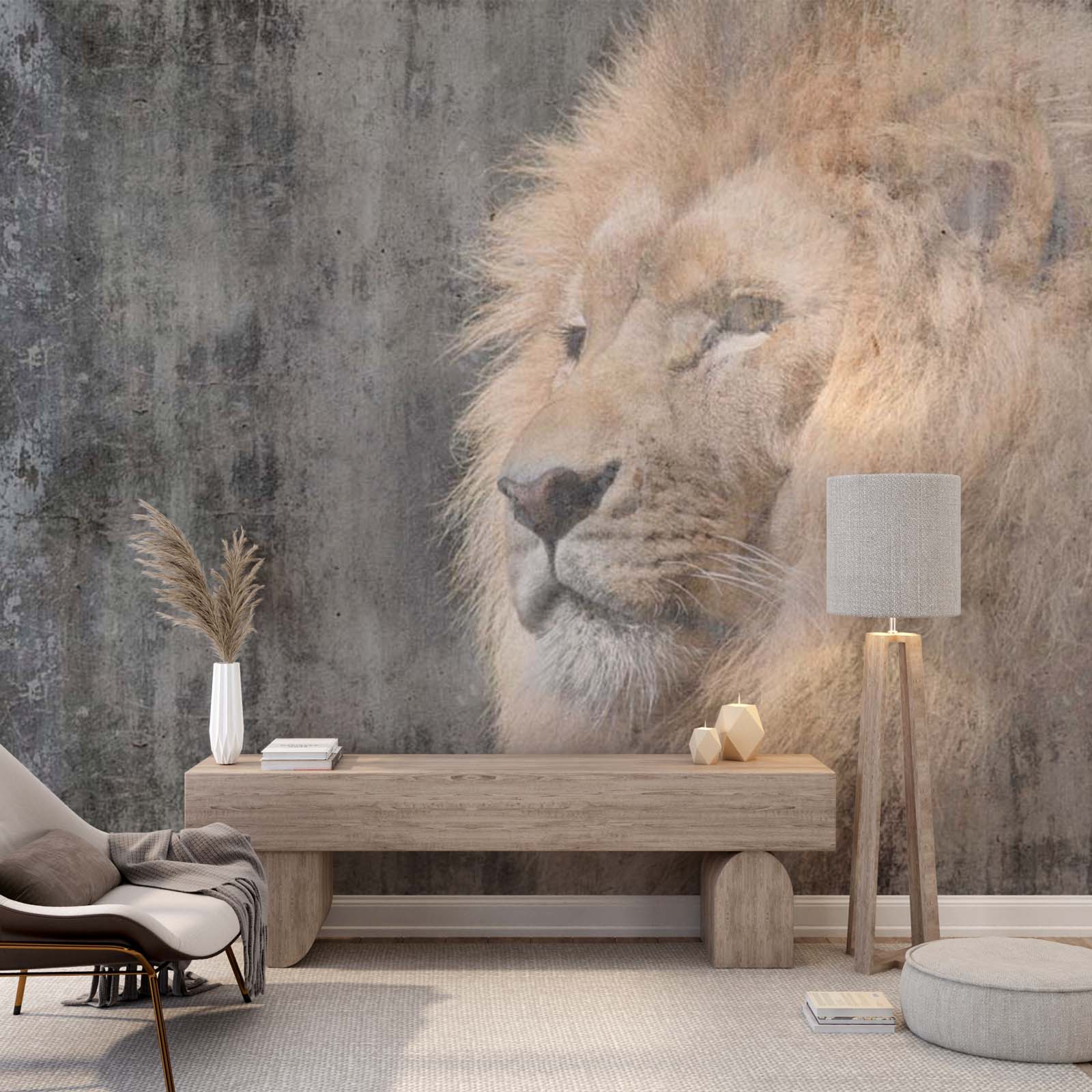 Lion Savannah Animals Wall Mural Old Cement Concrete Texture Wallpaper