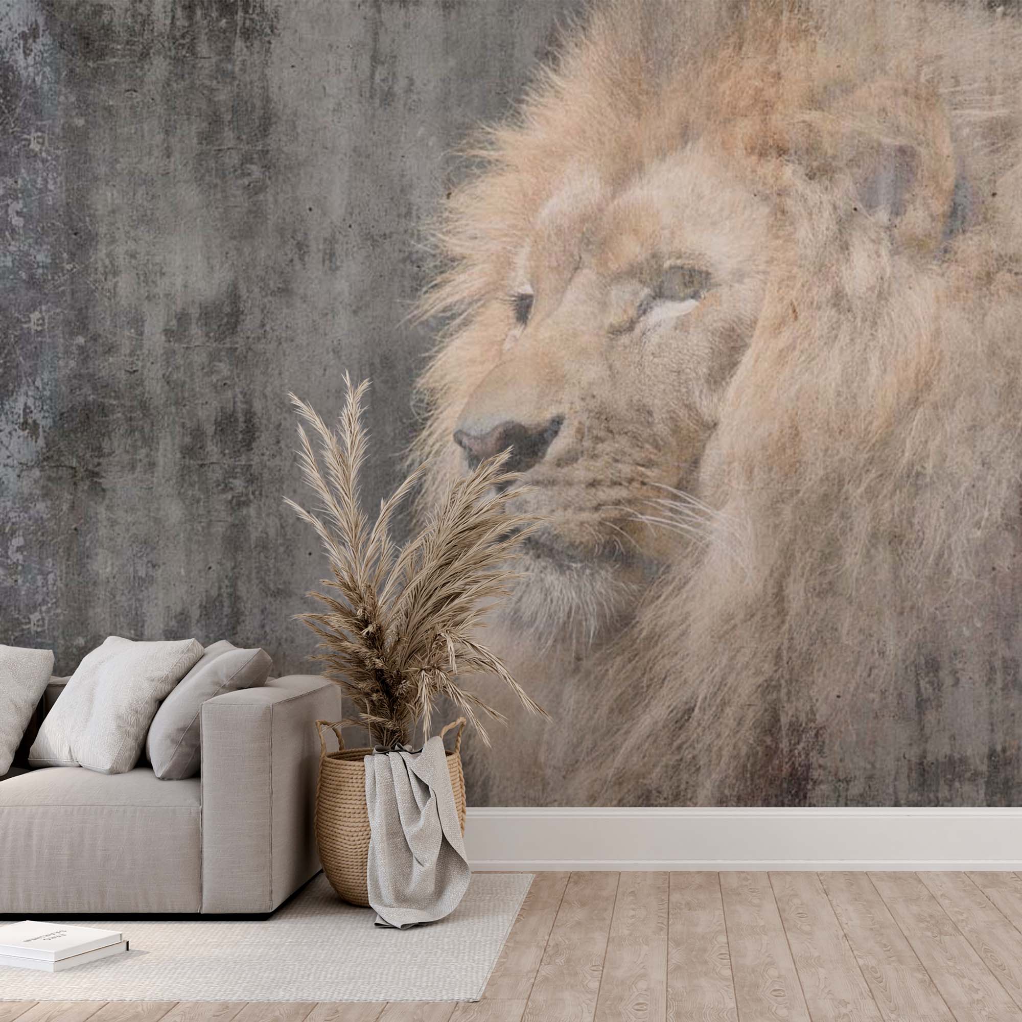 Lion Savannah Animals Wall Mural Old Cement Concrete Texture Wallpaper