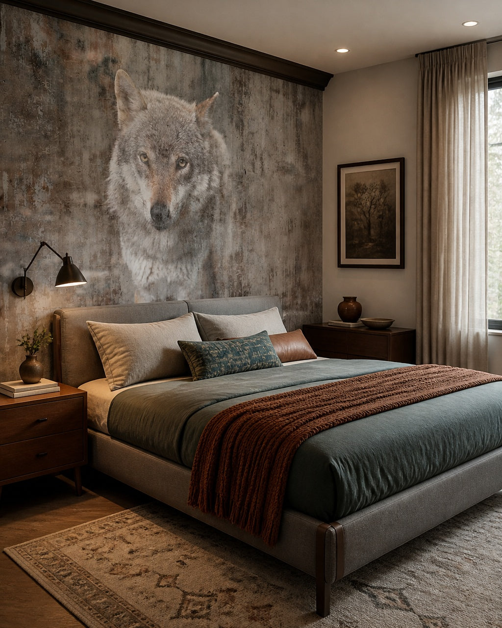 Wolf portrait wallpaper in a designer bedroom.