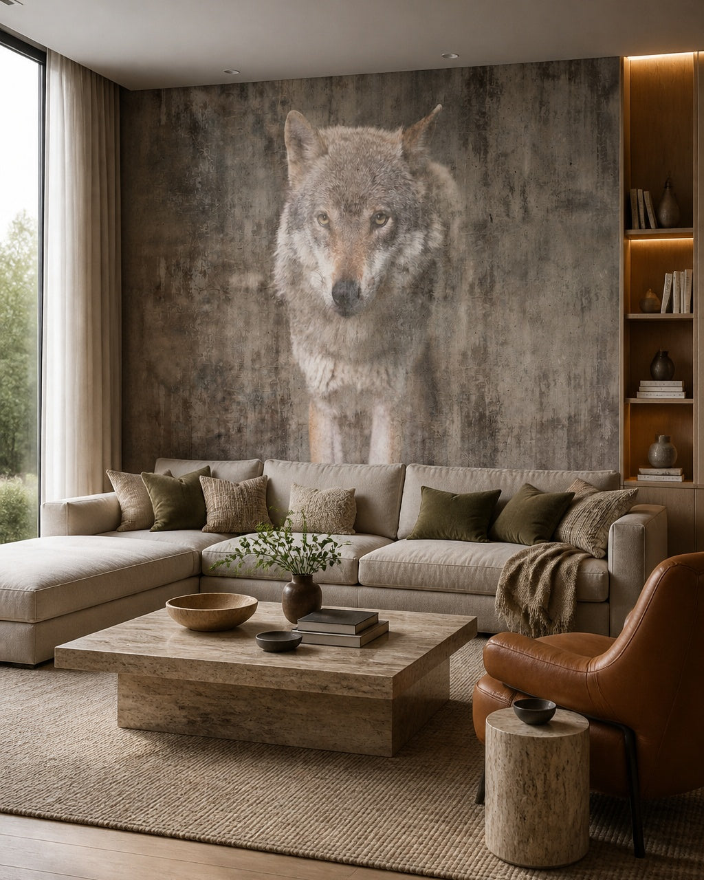 Wolf portrait wallpaper in a designer living room.