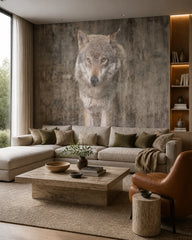 Wolf portrait wallpaper in a designer living room.