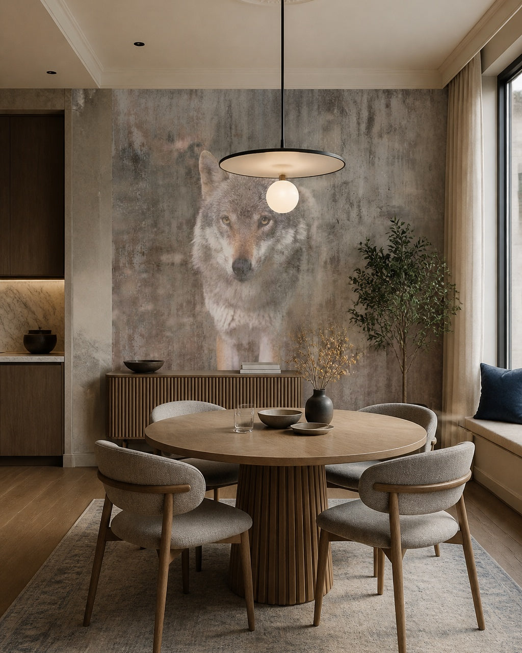Wolf portrait wallpaper in a refined dining area.