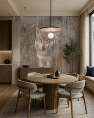 Wolf portrait wallpaper in a refined dining area.