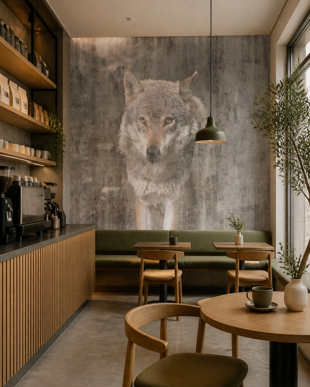 Wolf portrait wallpaper in a specialty coffee shop.