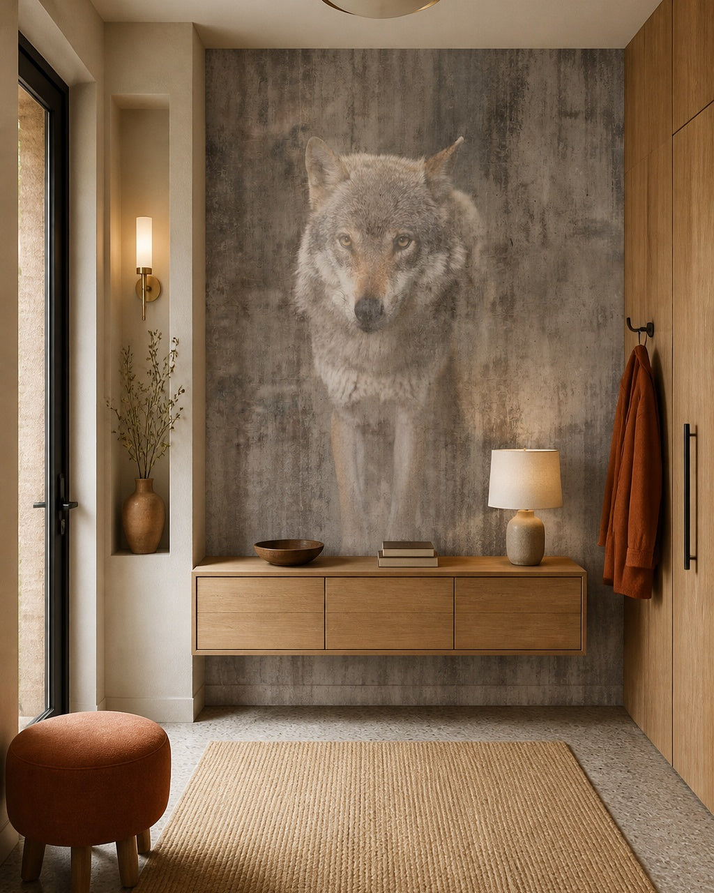 Wolf portrait wallpaper in a refined foyer.