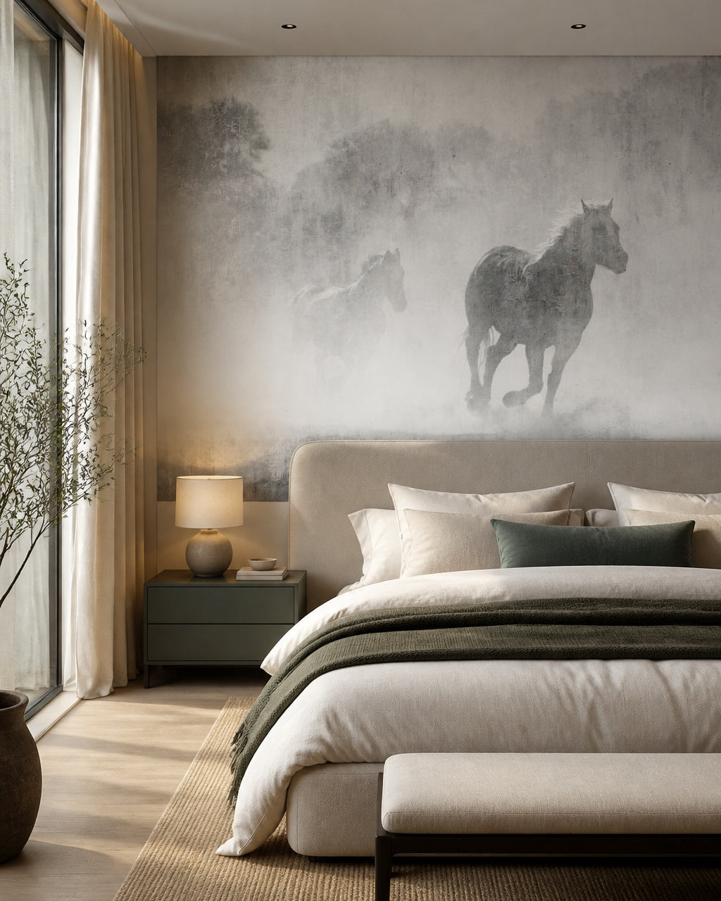Misty horses wallpaper in a designer bedroom.