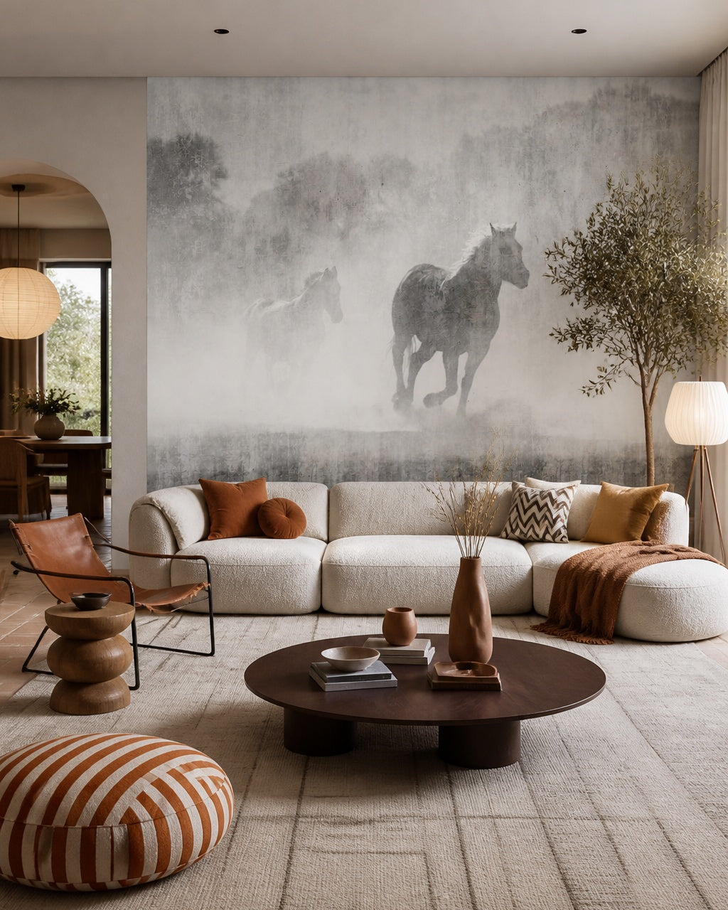 Misty horses wallpaper in a designer living room.