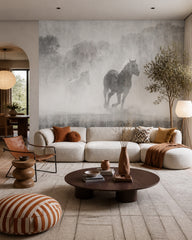 Misty horses wallpaper in a designer living room.