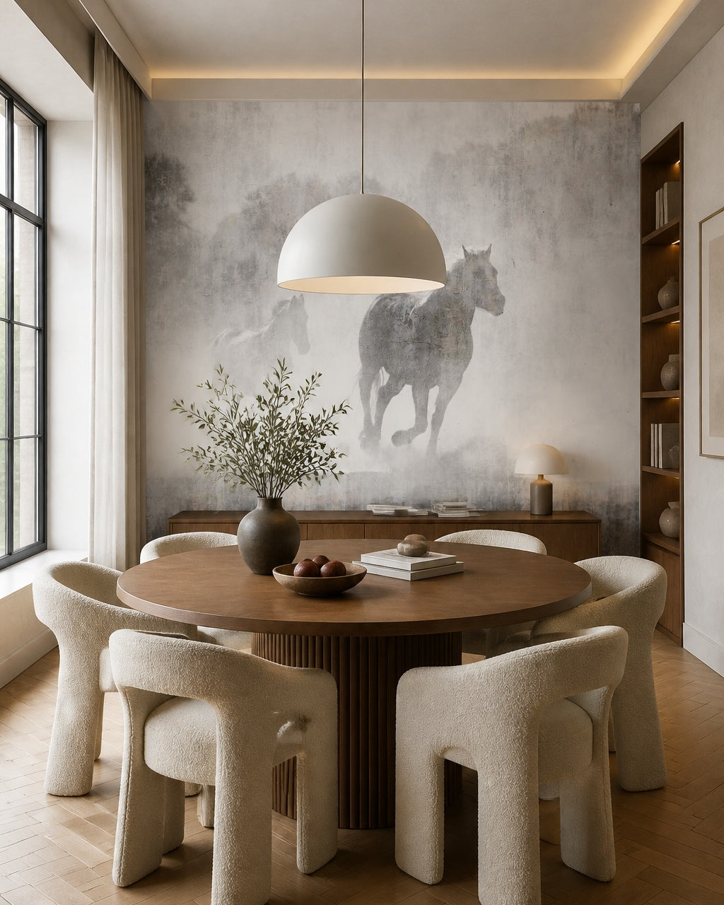Misty horses wallpaper in a refined dining area.