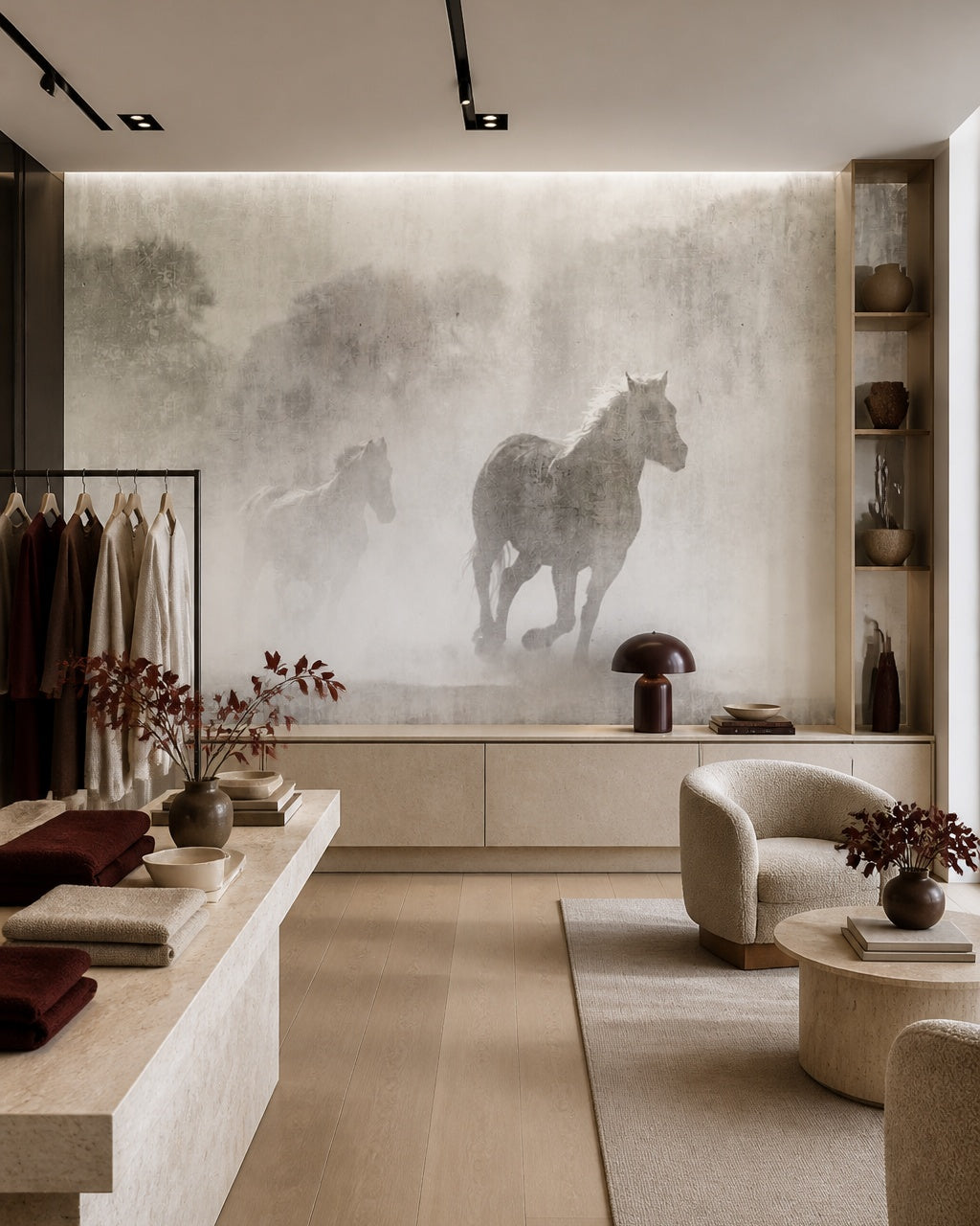 Misty horses wallpaper in a design showroom.