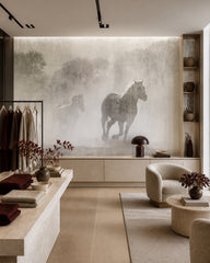 Misty horses wallpaper in a design showroom.