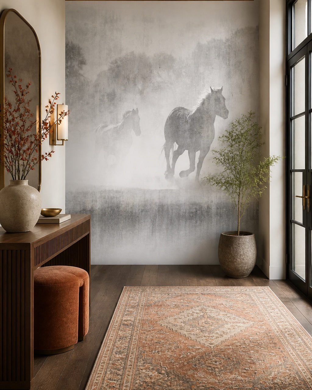 Misty horses wallpaper in a designer entrance hall.