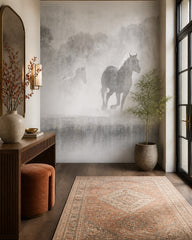 Misty horses wallpaper in a designer entrance hall.