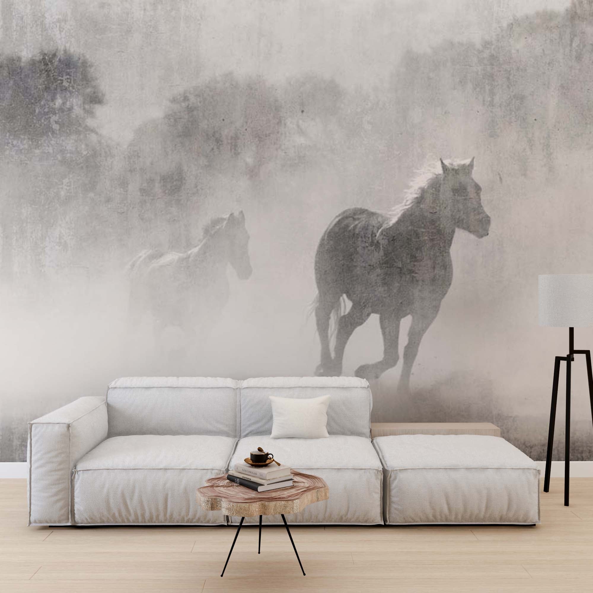 Misty Horses Wall Mural Old Cement Concrete Texture Animals Wallpaper