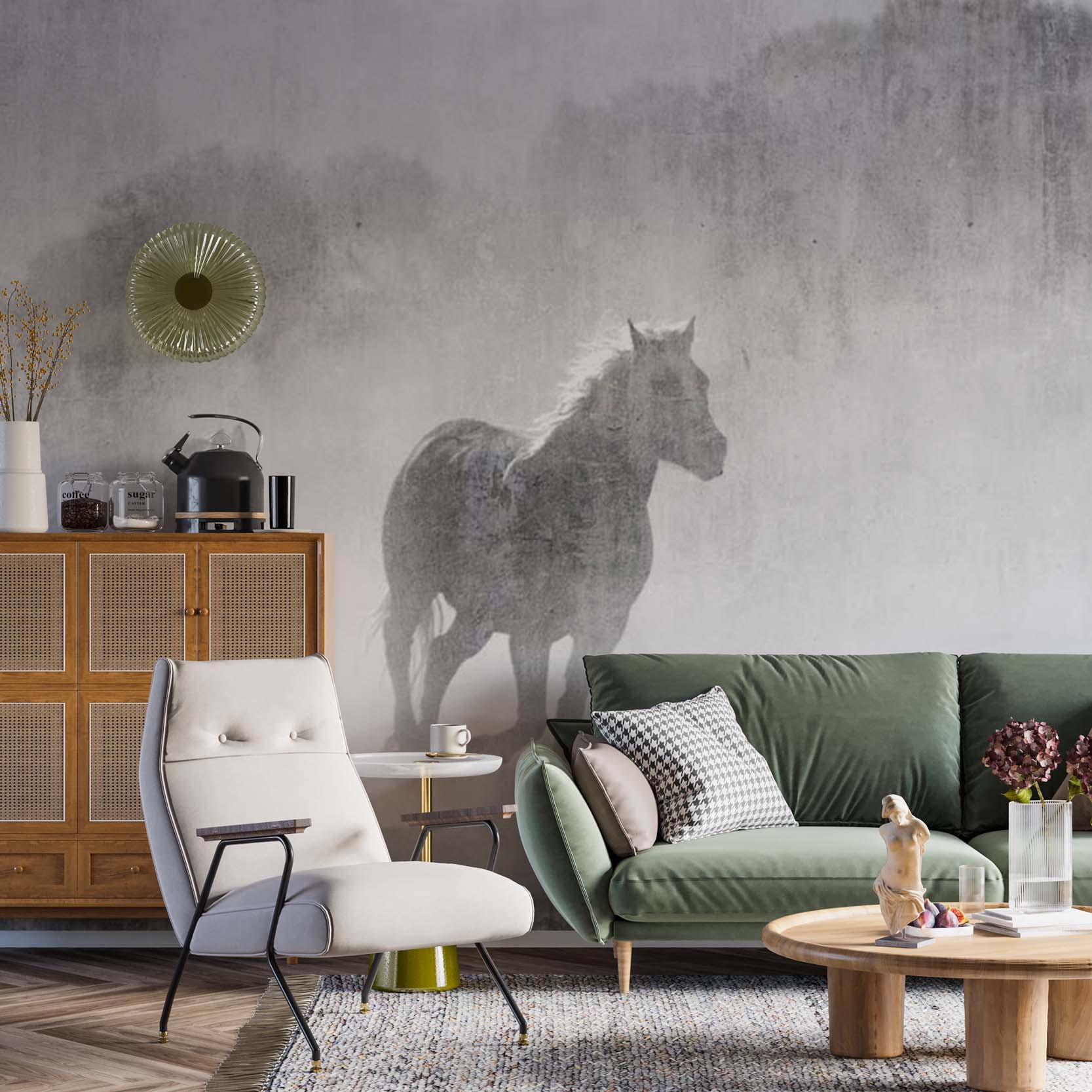 Misty Horses Wall Mural Old Cement Concrete Texture Animals Wallpaper