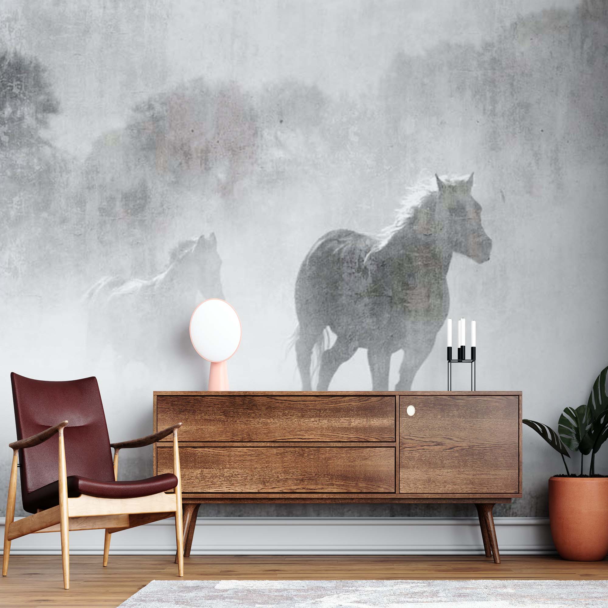 Misty Horses Wall Mural Old Cement Concrete Texture Animals Wallpaper