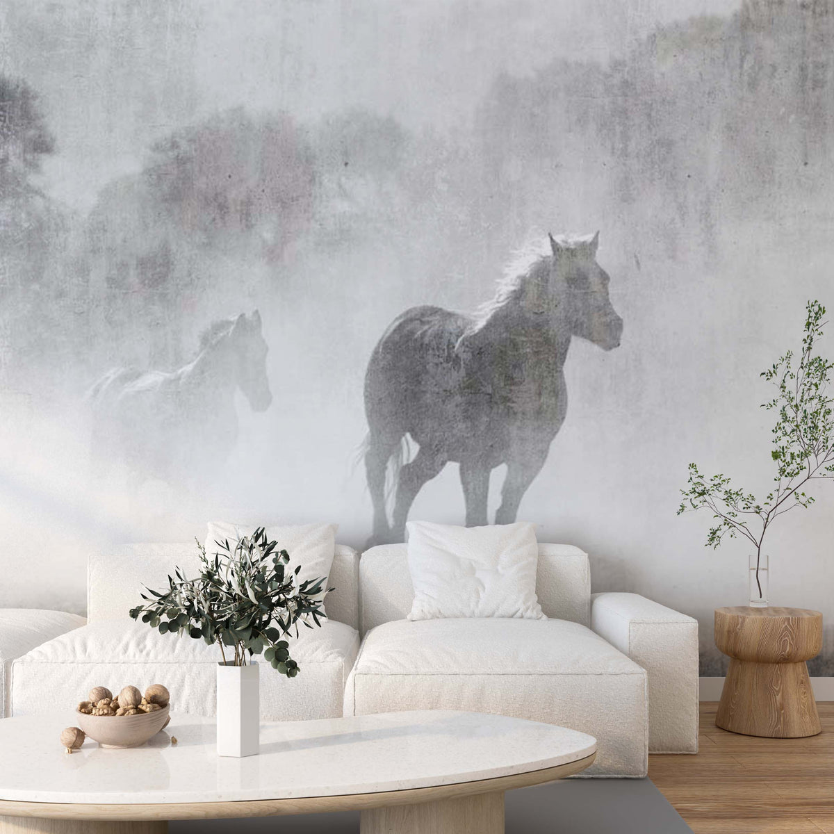 Misty Horses Wall Mural Old Cement Concrete Texture Animals Wallpaper