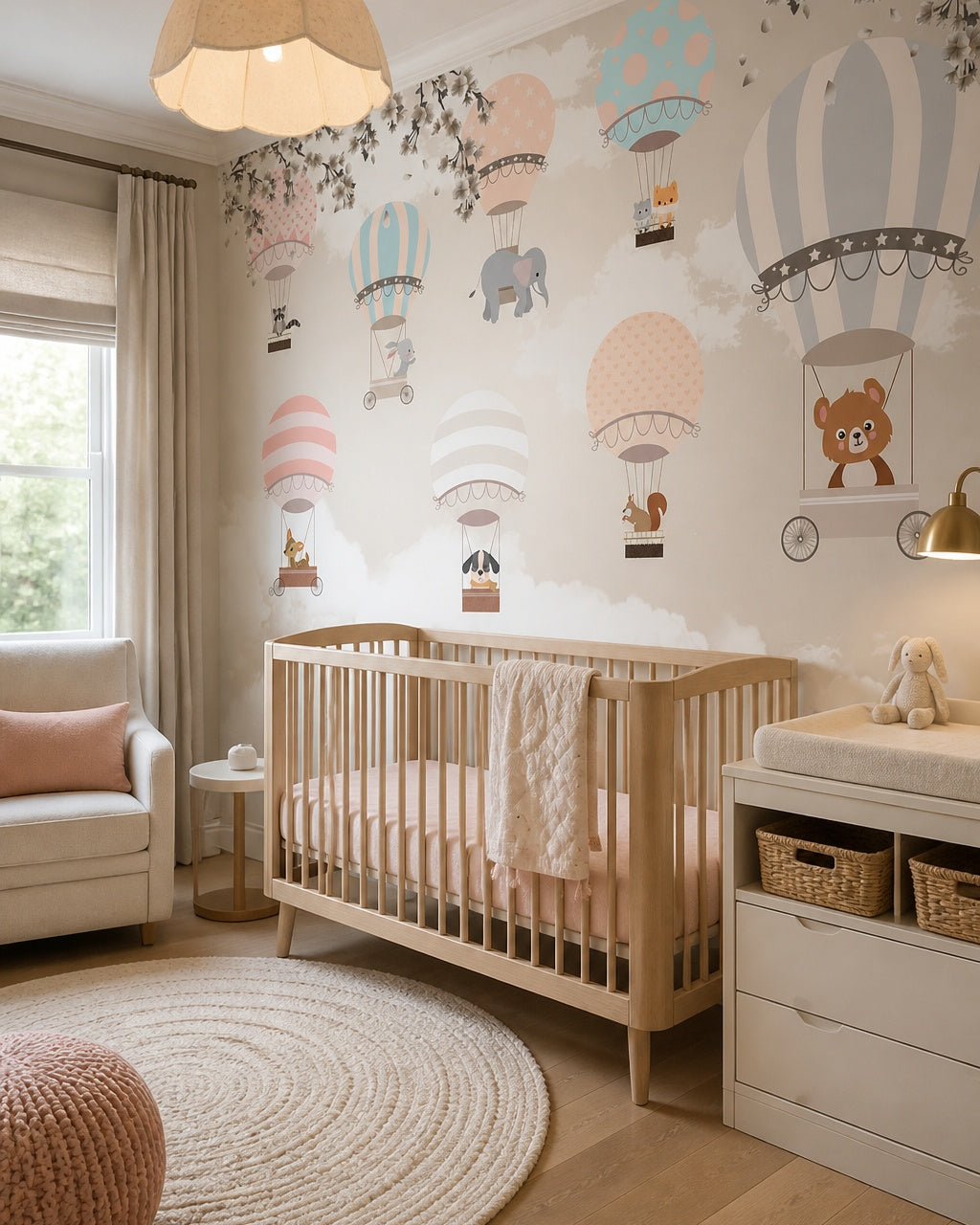 Pastel hot air balloons wallpaper in a modern nursery with a crib.