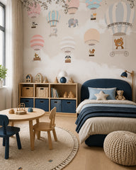 Pastel hot air balloons wallpaper in a toddler bedroom with a child-sized bed.