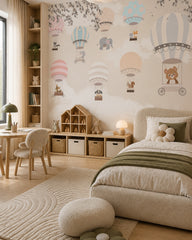 Pastel hot air balloons wallpaper in a girl’s bedroom.