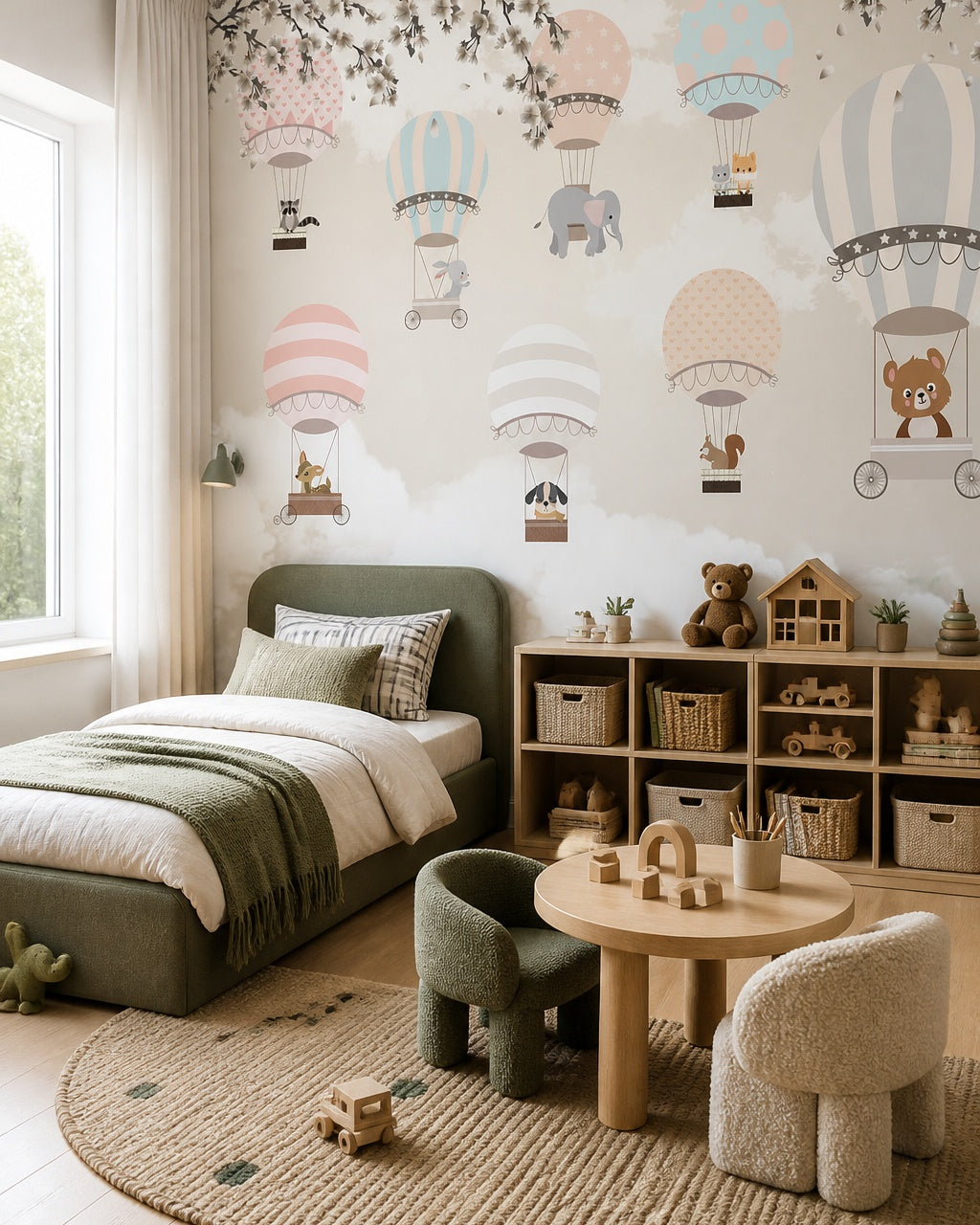 Pastel hot air balloons wallpaper in a boy’s bedroom.