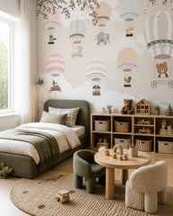 Pastel hot air balloons wallpaper in a boy’s bedroom.