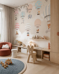 Pastel hot air balloons wallpaper in a children’s playroom.